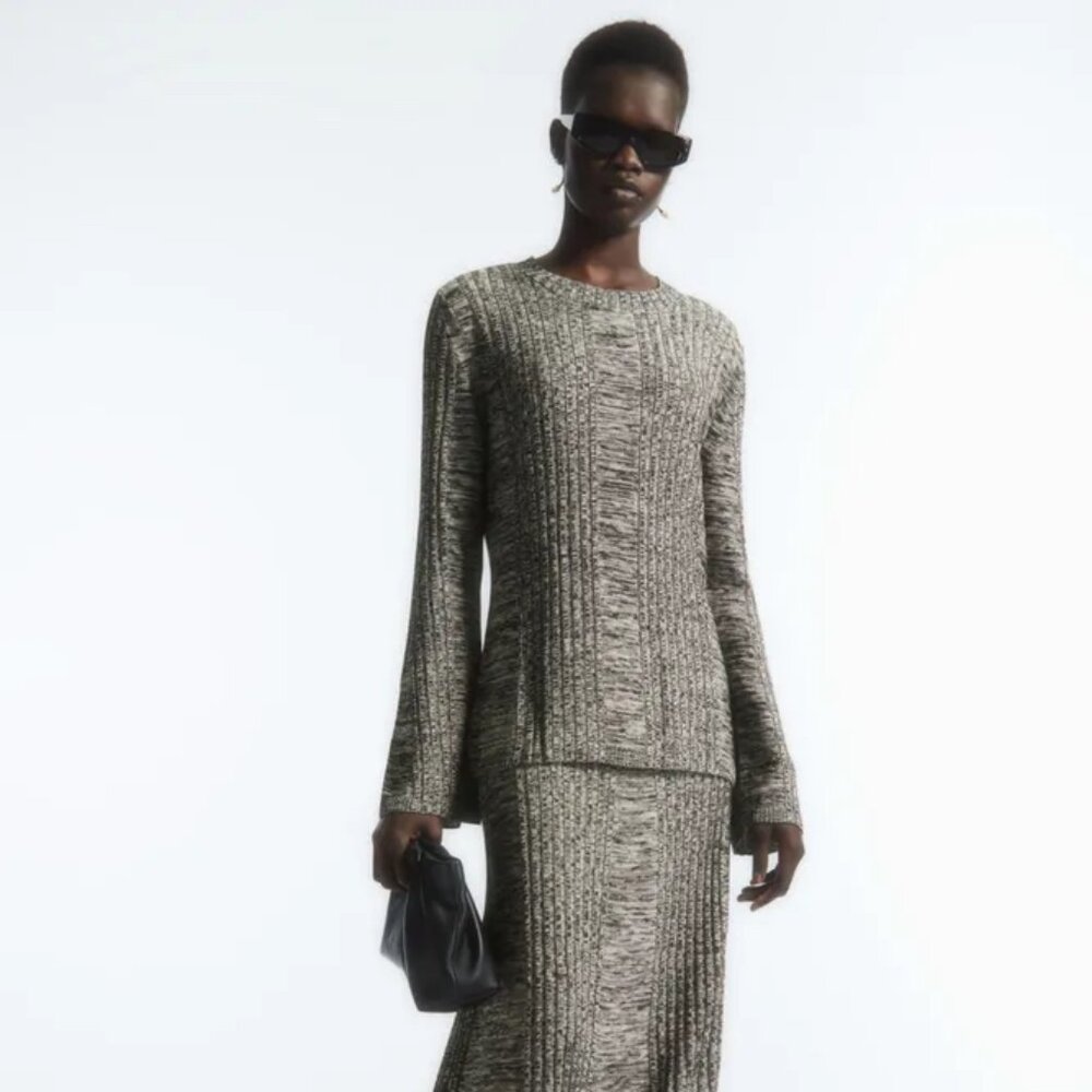 COS Flare-Sleeve Ribbed-Panel Top and Flared Ribbed-Panel MidiSkirt